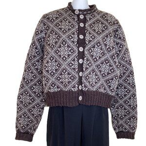Fair Isle Wool Hand Knit Cardigan Sweater Brown/Beige Nordic Snowflake Design